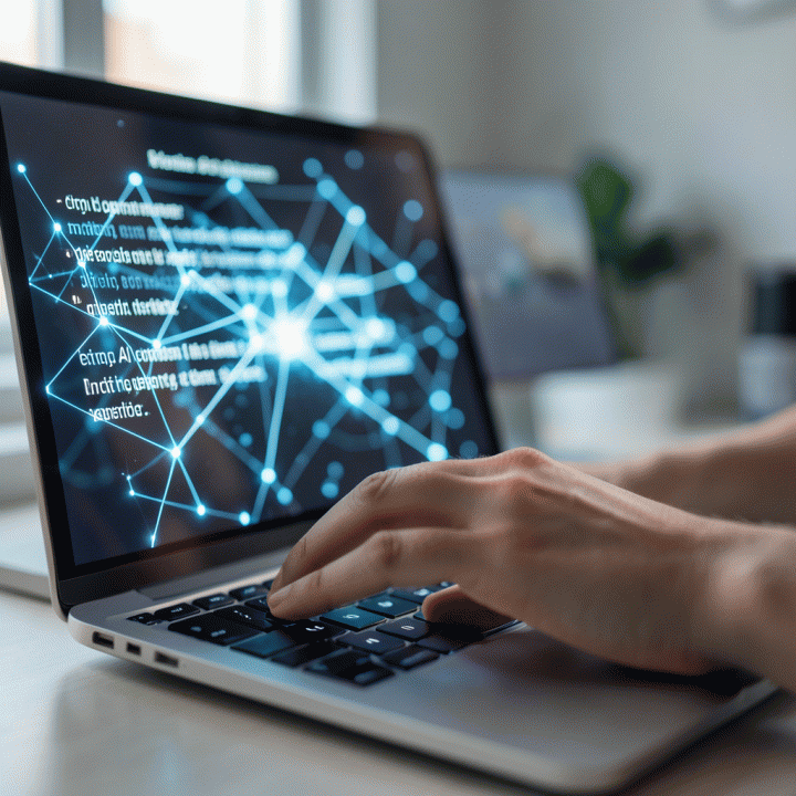 Tangan mengetik di laptop, menampilkan visualisasi abstrak dari ide-ide konten yang dihasilkan oleh AI.