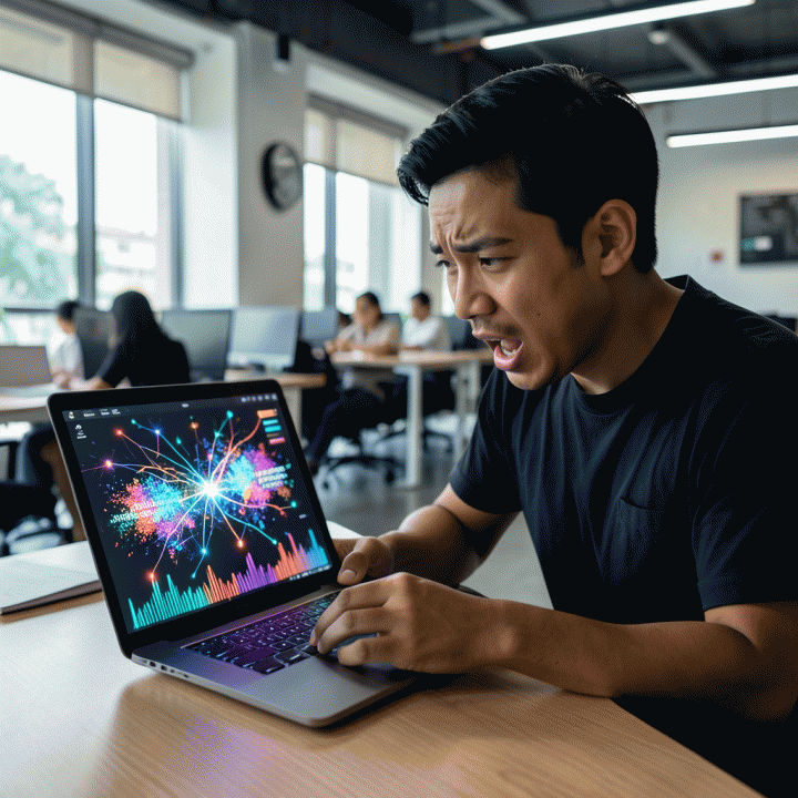 Seorang content creator profesional yang bersemangat di co-working space modern, menggunakan laptop yang menampilkan visualisasi abstrak ide-ide viral dan jaringan koneksi AI.