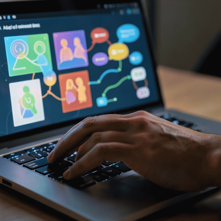 Tangan yang sedang mengetik di laptop, menunjukkan proses kreatif dan ide-ide yang dihasilkan oleh bantuan AI.