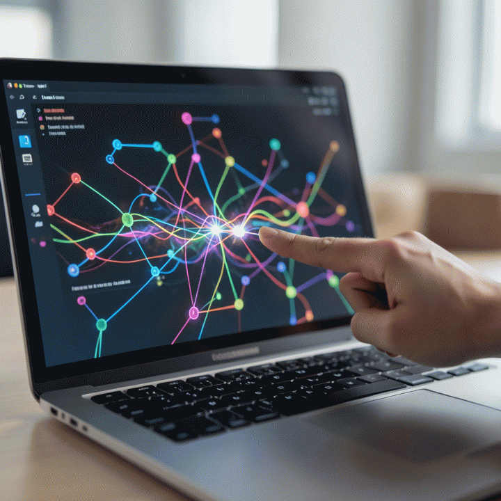 Tampilan antarmuka AI yang abstrak dan modern di laptop, menunjukkan alur kerja dan koneksi ide-ide kreatif untuk membuat hook konten.
