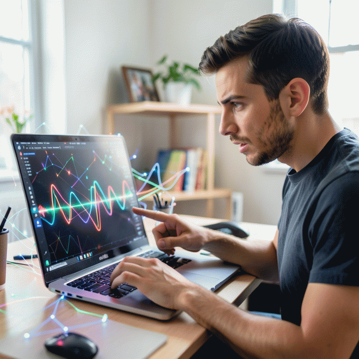 Seorang content creator di studio modern menggunakan laptop yang menampilkan visualisasi data abstrak dan ide-ide kreatif yang bersinar, melambangkan proses membuat hook konten viral dengan bantuan AI.