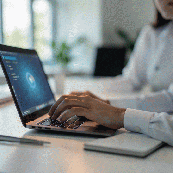 Tangan yang mengetik dengan cepat dan percaya diri di laptop modern, melambangkan efisiensi penulisan konten dengan bantuan AI.
