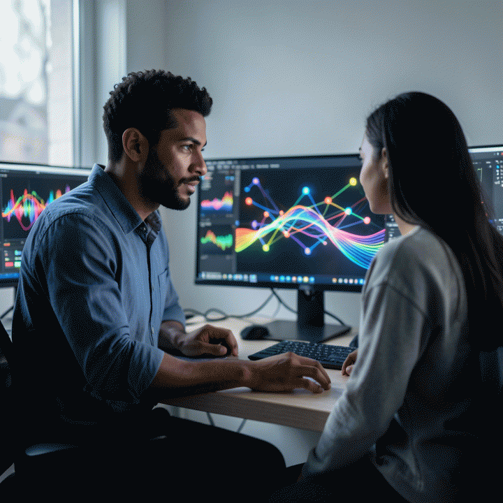 Seorang kreator konten profesional di meja kerja modern, dikelilingi oleh visualisasi data abstrak dan energi kreatif, sedang menemukan ide 'hook' konten yang sangat menarik.