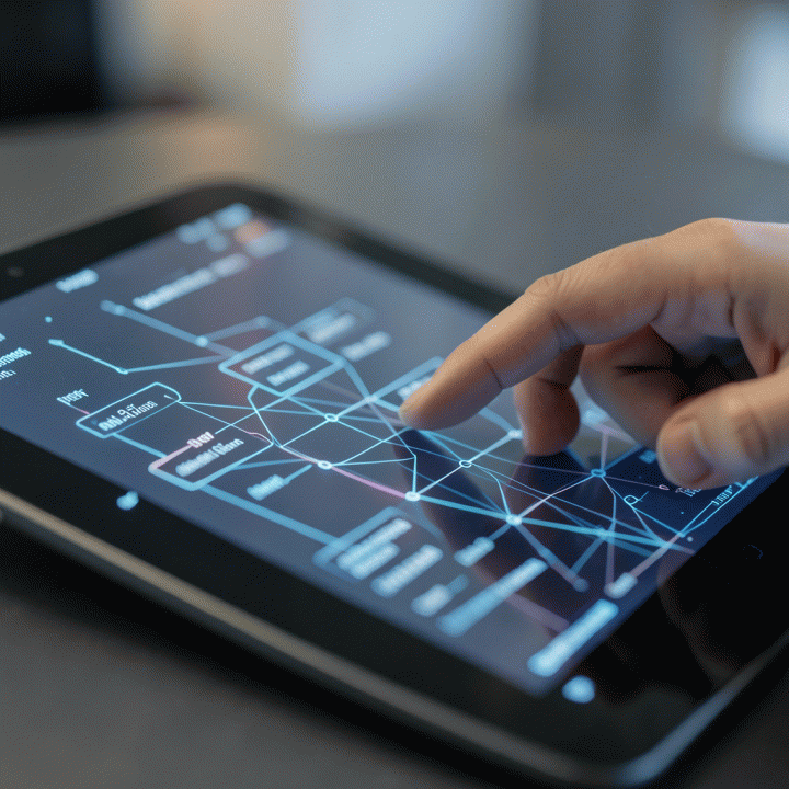 Tangan yang menunjukkan pola atau formula konten yang rumit dan menarik pada layar tablet futuristik.