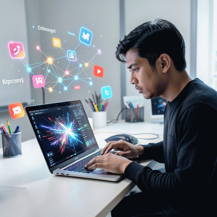 Seorang kreator konten muda Indonesia yang fokus bekerja di meja modern dengan laptop, dikelilingi visualisasi abstrak ide konten viral dan tren digital, menunjukkan energi dan kreativitas yang tinggi.