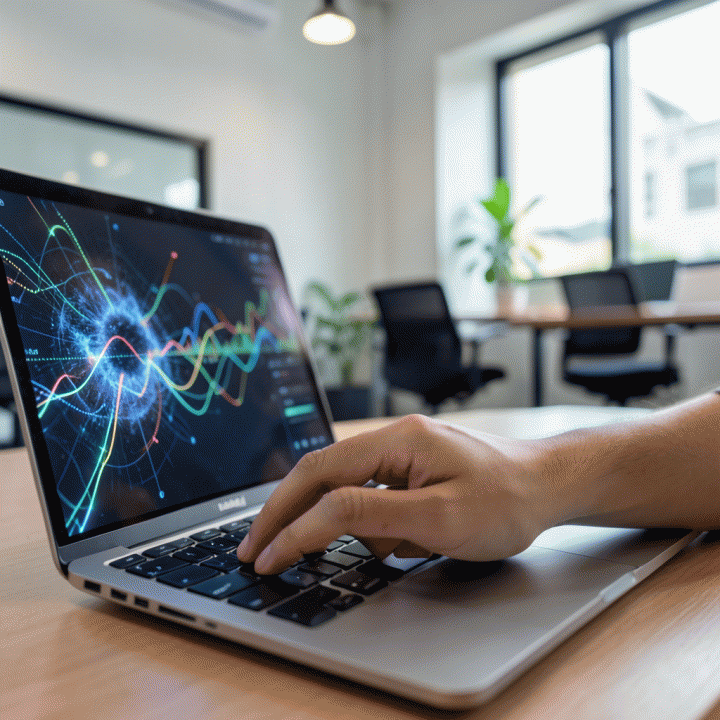 Tangan yang sedang mengetik cepat di laptop, dikelilingi oleh visualisasi abstrak tren konten viral, menunjukkan proses pembuatan hook yang efektif.