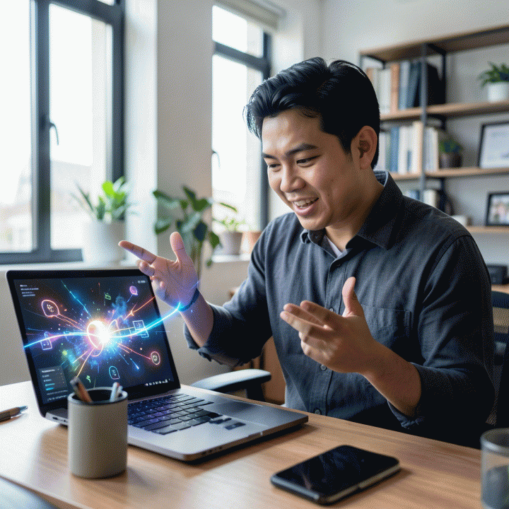 Seorang content creator profesional di ruang kerja modern yang bersemangat, menunjukkan ide-ide konten viral yang menarik di layar laptopnya.