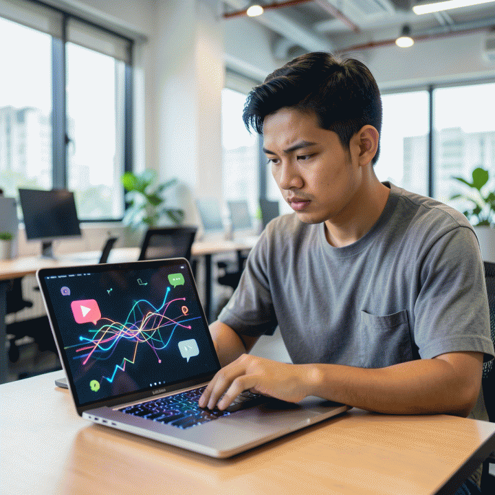 Content creator Indonesia menggunakan AI di laptop untuk membuat hook personal branding yang menarik, menunjukkan energi dan kreativitas di ruang kerja modern.