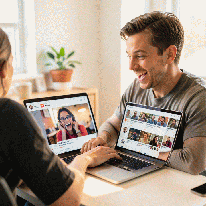 Content creator viewing a successful video thumbnail on a laptop, symbolizing viral social media content.