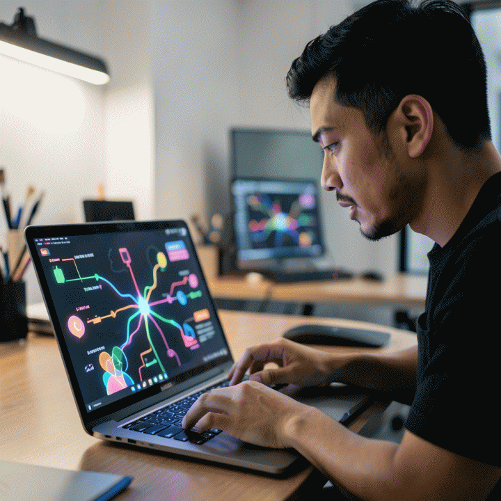 Seorang content creator sedang bekerja di studio modern, berinteraksi dengan layar laptop yang menampilkan visualisasi ide konten yang viral dan kreatif, melambangkan penggunaan AI untuk membuat hook yang menarik.