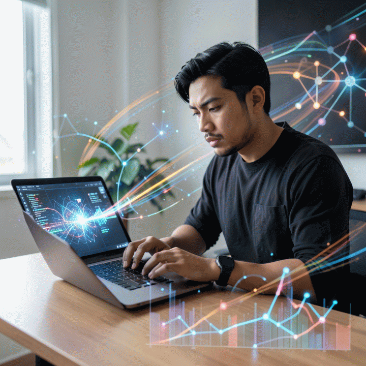 Seorang content creator Indonesia di studio modern, bersemangat menggunakan laptop yang menampilkan visualisasi abstrak AI untuk menghasilkan ide konten viral.