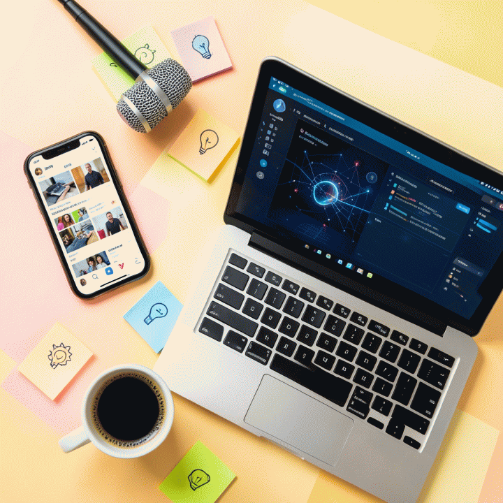 Perlengkapan content creator (smartphone, laptop, mikrofon) di atas meja yang menunjukkan proses kreatif dan produktivitas digital.
