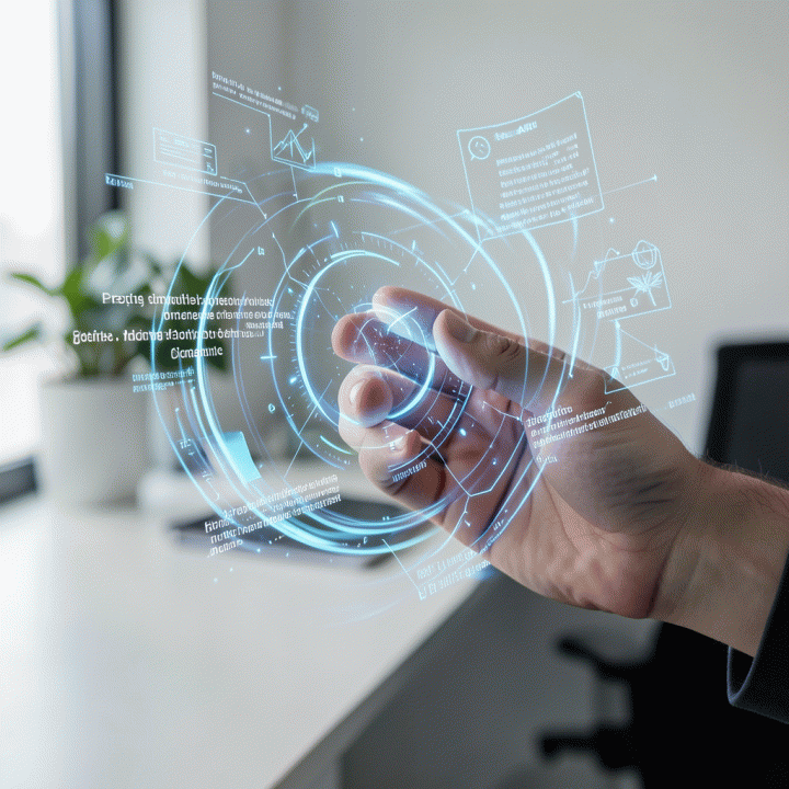 Hand interacting with an abstract holographic AI interface generating content hook ideas.