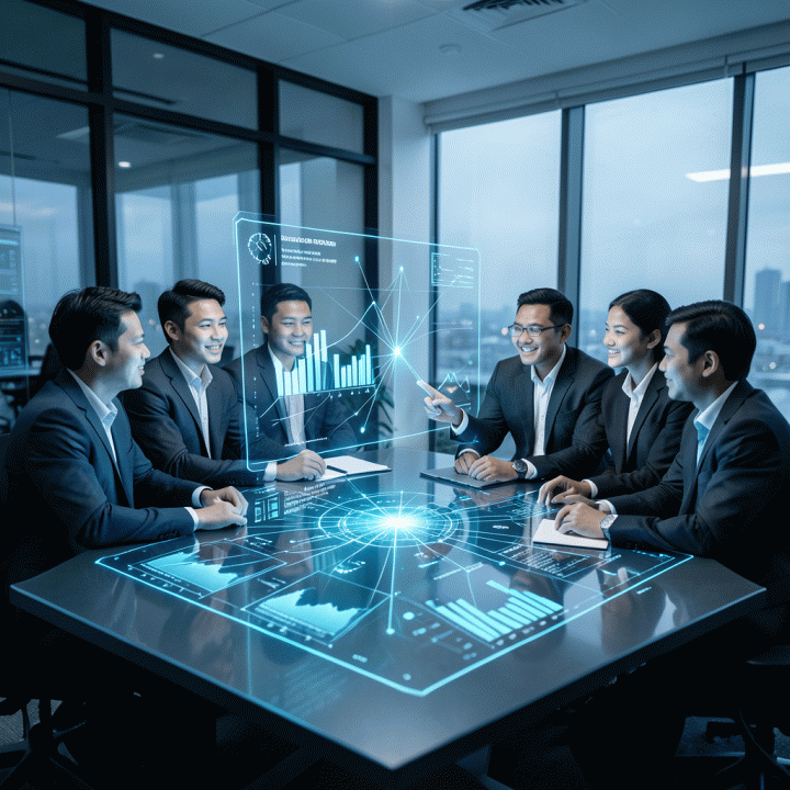 Tim profesional di kantor modern berdiskusi di depan visualisasi data holografik yang kompleks, menunjukkan strategi pemasaran yang efektif.