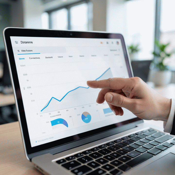 Tampilan dashboard analisis data di laptop yang menunjukkan tren pasar dan metrik kunci, siap untuk diinterpretasikan.