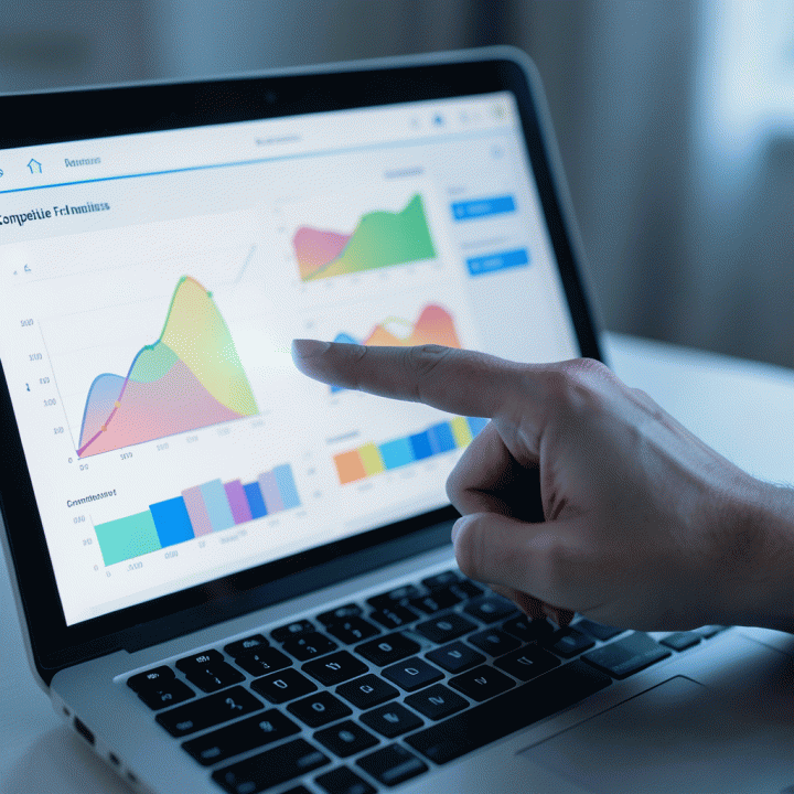 Visualisasi dashboard digital yang abstrak menunjukkan perbandingan data kompetitor dan funnel konversi, menyoroti poin-poin penting untuk strategi marketing.