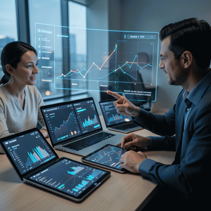 Dua profesional berdiskusi di sekitar dashboard data digital yang kompleks, menunjukkan kolaborasi dalam menemukan celah pasar (market gap) atau strategi iklan baru.