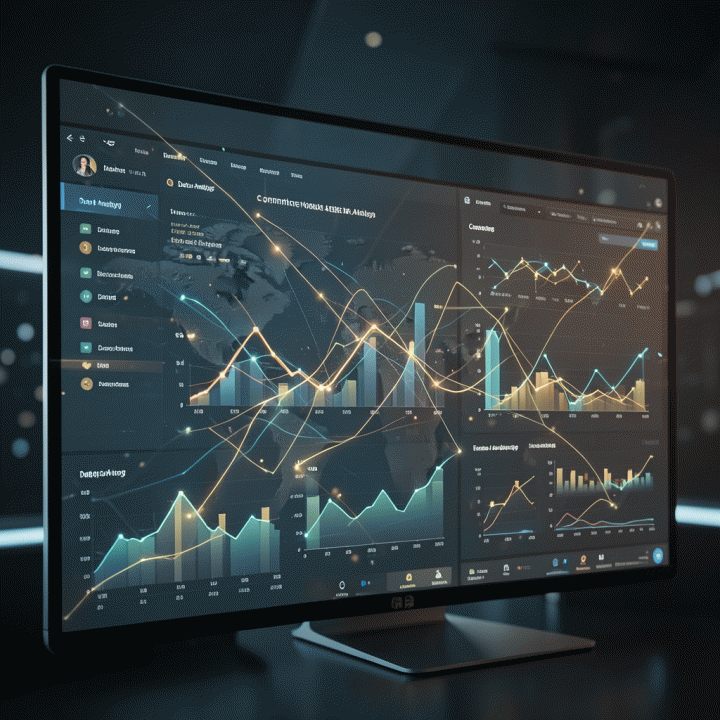 Digital marketing dashboard showing abstract data visualizations for advertising strategy and competitive analysis.