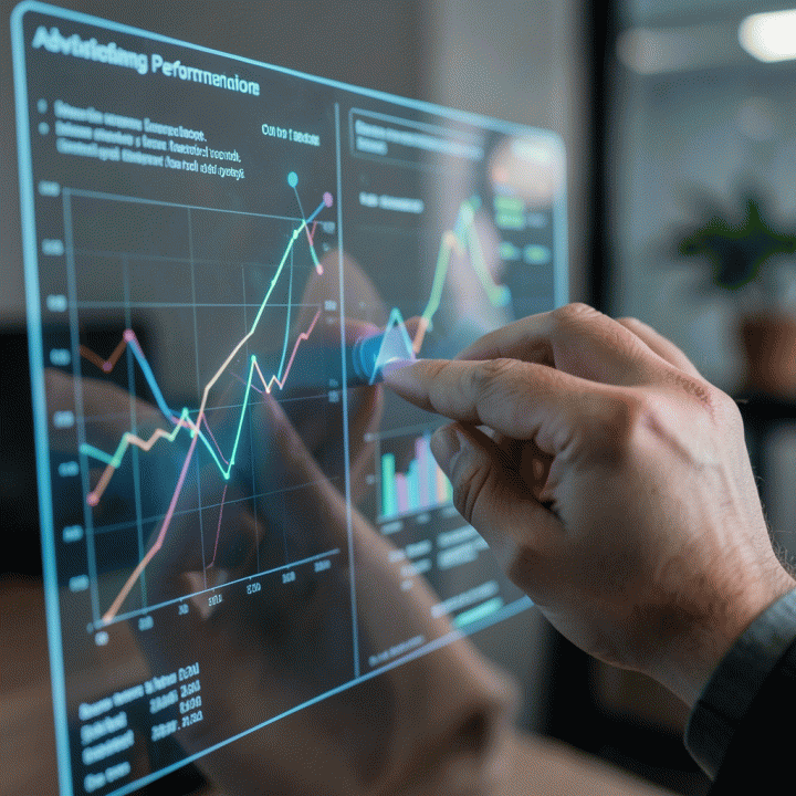 Hands interacting with a holographic data visualization for advertising insight.