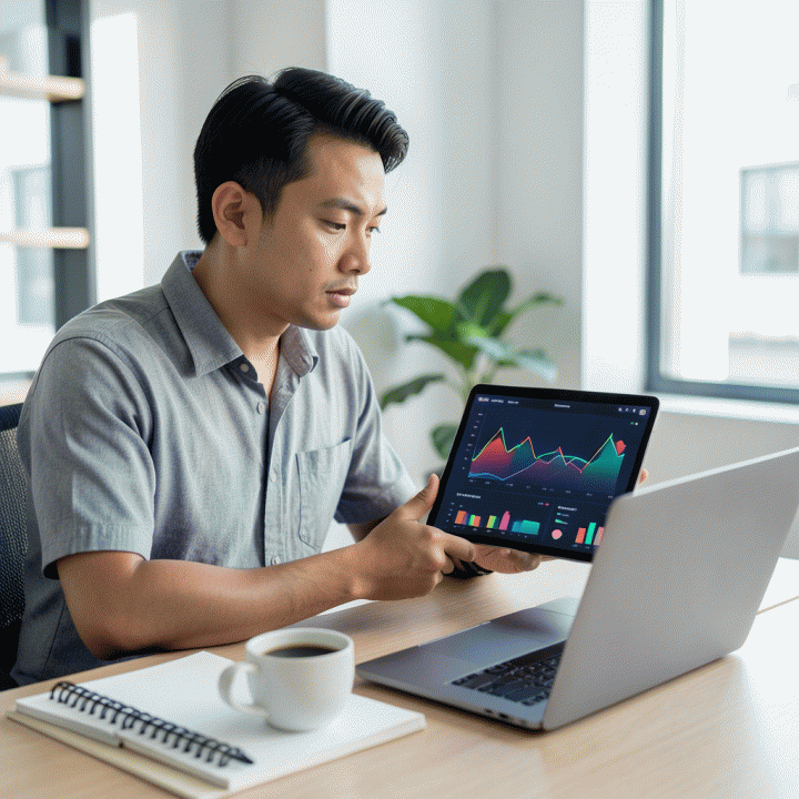 Seorang pengusaha Indonesia yang fokus menganalisis data pasar di tabletnya, menunjukkan strategi pemasaran yang efektif dan tepat sasaran.