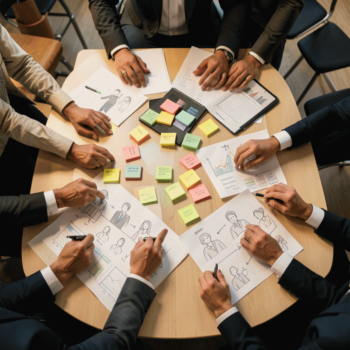 Tim profesional berdiskusi dan menyusun strategi pemasaran di atas meja besar, menunjukkan kolaborasi dan pemikiran strategis.