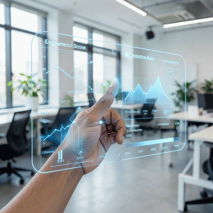 Tangan berinteraksi dengan antarmuka holografik AI untuk menganalisis dan mengoptimalkan performa iklan digital.