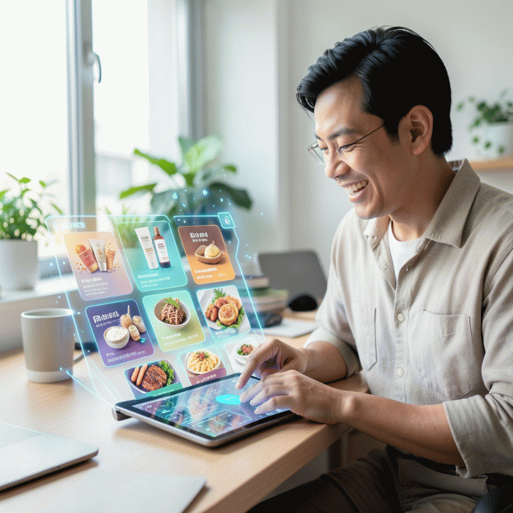 Seorang pemilik UMKM Indonesia yang tersenyum menggunakan tablet futuristik yang menampilkan berbagai konsep iklan produk yang dihasilkan AI, menunjukkan kemudahan membuat desain tanpa keahlian.