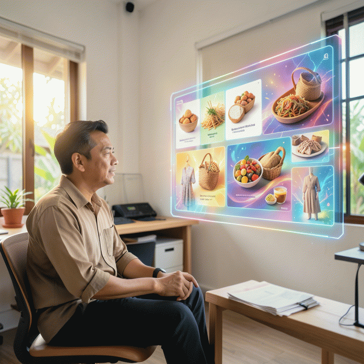 Seorang pemilik UMKM Indonesia yang percaya diri melihat visualisasi iklan profesional dan modern yang dihasilkan oleh teknologi AI pada layar holografik, melambangkan kemudahan desain tanpa keahlian.