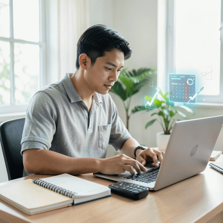 Gaya hidup profesional yang sukses mengatur waktu dengan penuh energi, dikelilingi elemen-elemen produktivitas seperti planner dan laptop.