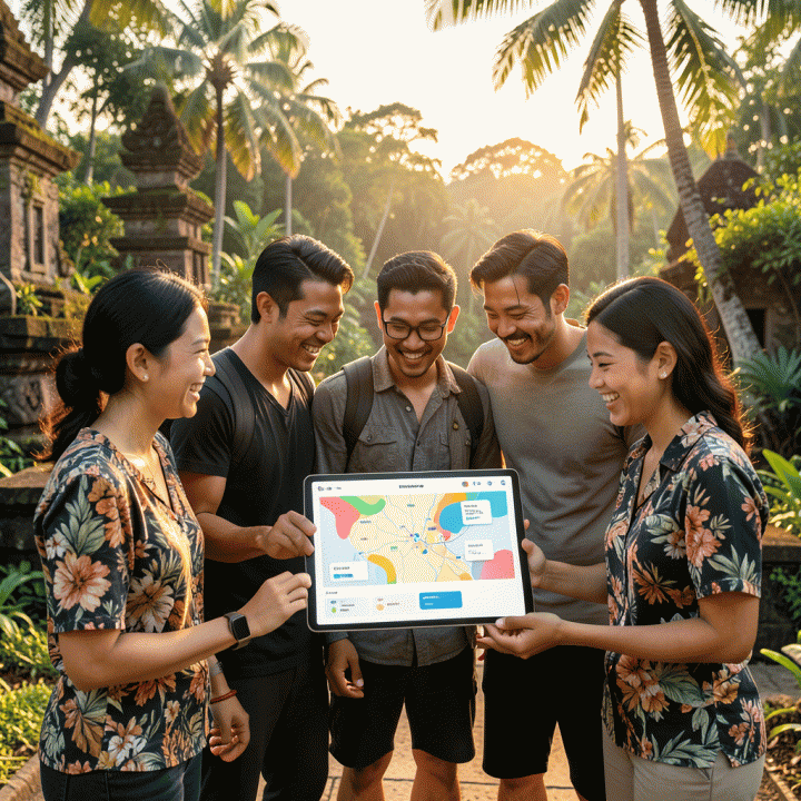 Grup teman Indonesia yang bersemangat di lokasi indah, melihat rencana perjalanan digital yang terstruktur di tablet, menunjukkan perencanaan liburan yang efisien.