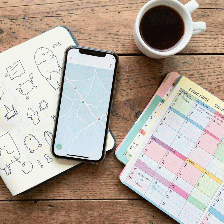 Tampilan atas alat perencanaan perjalanan yang terorganisir: smartphone dengan peta, jurnal, dan alat bantu jadwal, menunjukkan persiapan yang matang.