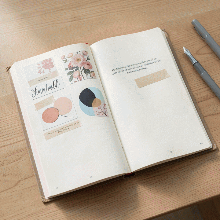 Komposisi flat lay yang estetis dari halaman jurnal digital yang terorganisir dengan stiker dekoratif, pena, dan stylus di atas meja kayu minimalis.