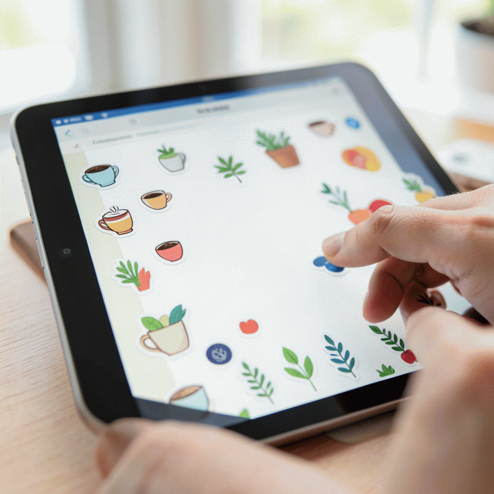 Tampilan close-up layar tablet yang menunjukkan proses menempelkan stiker digital pada halaman jurnal yang sedang didesain.