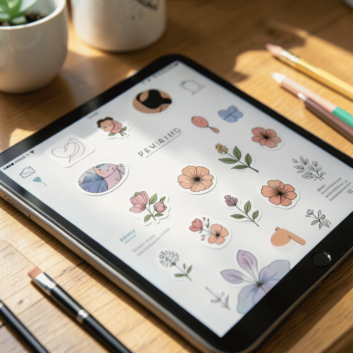 Tampilan close-up buku jurnal digital estetik di tablet yang dipenuhi berbagai stiker premium dan dekorasi grafis, diletakkan di atas meja kayu natural dengan pencahayaan lembut.
