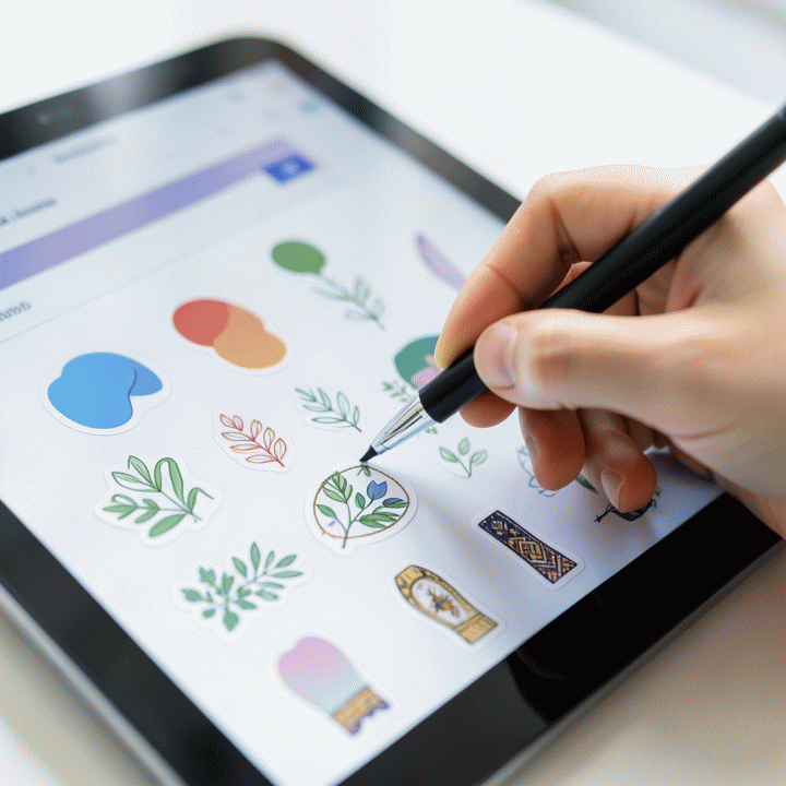 Tangan seseorang menggunakan stylus pada tablet untuk menempelkan atau menggambar stiker digital dekoratif di halaman jurnal virtual.