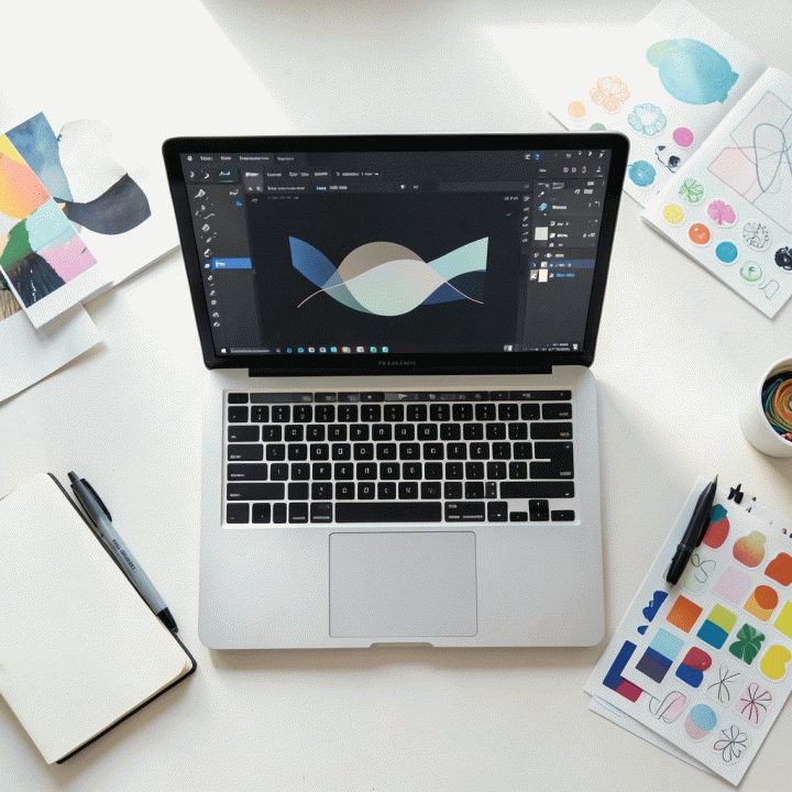 Tampilan dari atas (flat lay) meja kerja desainer yang menampilkan laptop dengan software desain dan berbagai perlengkapan kreatif seperti stiker fisik dan pena digital.