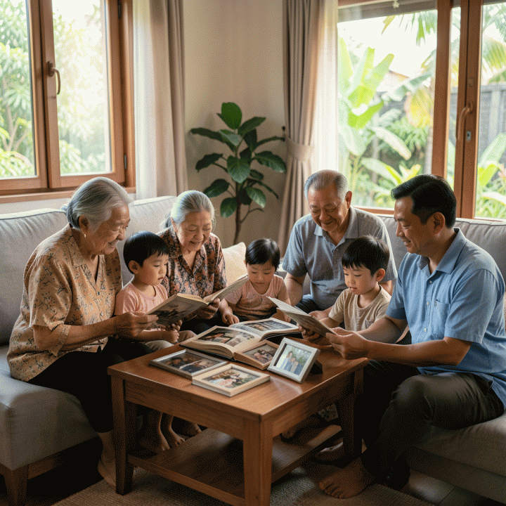 Keluarga multi-generasi Indonesia yang berkumpul hangat, melihat kenangan masa lalu dari album foto fisik dan layar digital, melambangkan pelestarian warisan keluarga.