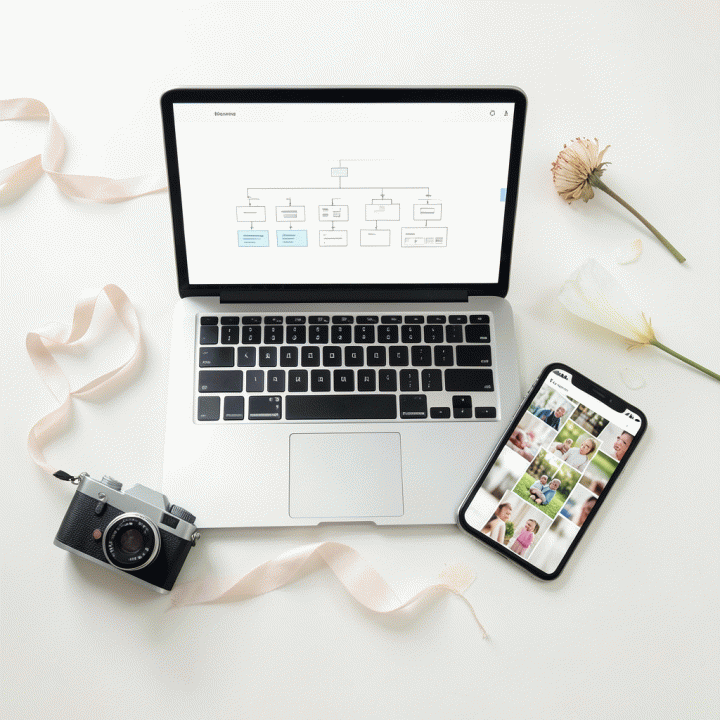 Tampilan datar (flat lay) dari berbagai perangkat digital yang menampilkan diagram silsilah keluarga dan kolase foto digital yang terorganisir.