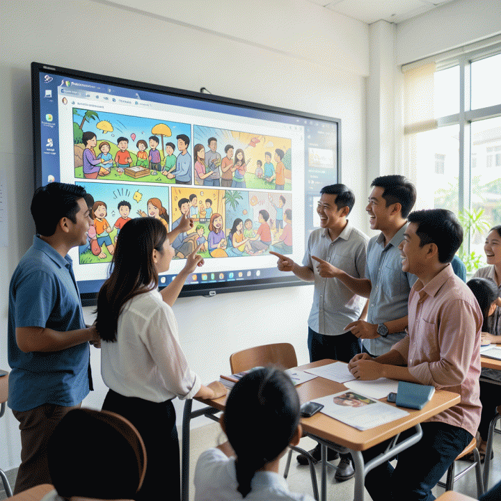 Guru dan siswa Indonesia berdiskusi dengan antusias di depan layar digital interaktif yang menampilkan panel-panel komik digital berwarna cerah, melambangkan pembelajaran modern dan inovatif.