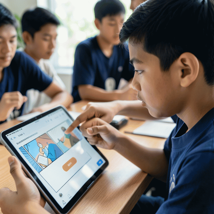 Siswa berinteraksi dengan layar sentuh yang menampilkan elemen kuis interaktif dalam format komik, menunjukkan pembelajaran yang menarik.