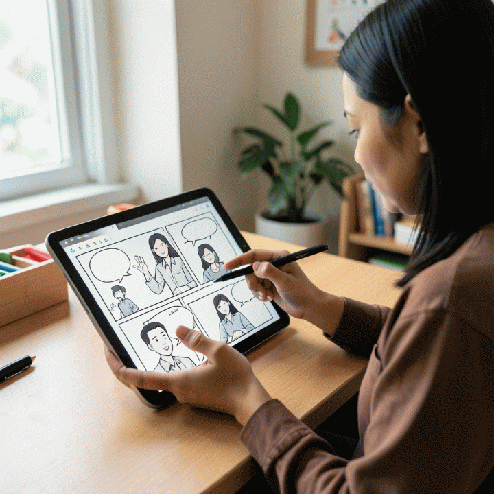 Seorang guru menggunakan tablet untuk membuat komik digital interaktif, menunjukkan proses kreatif yang modern dan mudah.