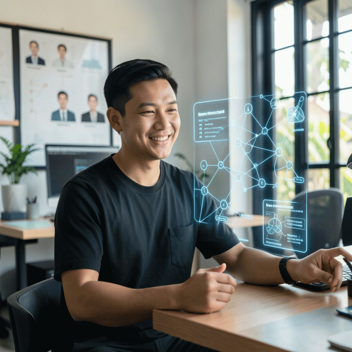 Seorang profesional konten di ruang kerja modern Indonesia sedang berinteraksi dengan tampilan holografik data yang menunjukkan struktur persona pelanggan dan strategi konten, melambangkan bantuan AI dalam penciptaan konten viral.