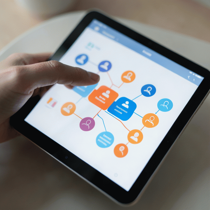 Tangan berinteraksi dengan tablet yang menampilkan visualisasi data persona pelanggan yang terstruktur dan rapi, menunjukkan kemudahan penggunaan AI.