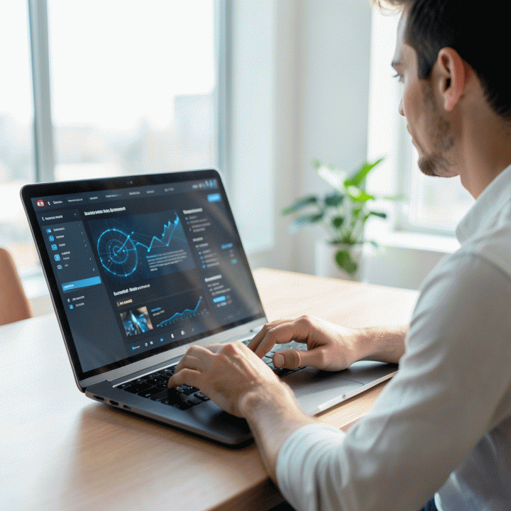 Pengguna sedang memanfaatkan antarmuka AI di laptop untuk mempercepat pembuatan landing page, menunjukkan efisiensi dan otomatisasi proses marketing.