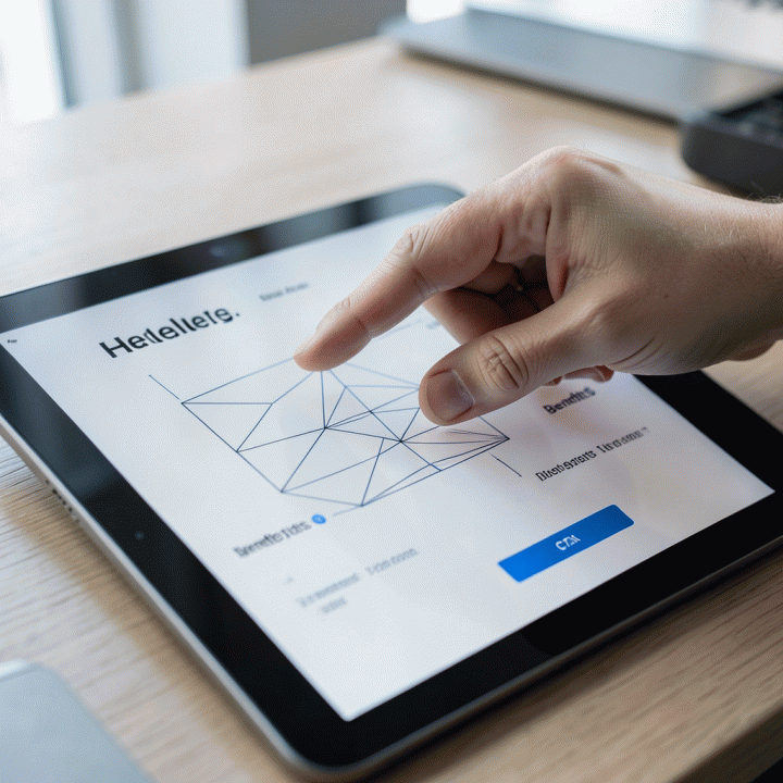 Tangan sedang menunjuk tata letak (wireframe) halaman penjualan di tablet, menunjukkan proses perencanaan konten yang terstruktur dan efisien.
