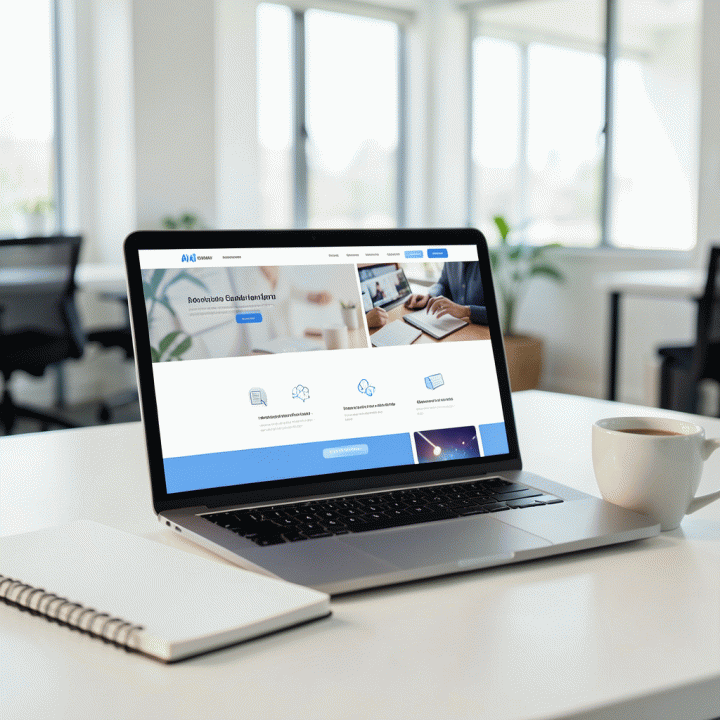 Laptop menampilkan desain landing page digital yang modern dan konversi tinggi, menunjukkan kemudahan pembuatan menggunakan alat AI.