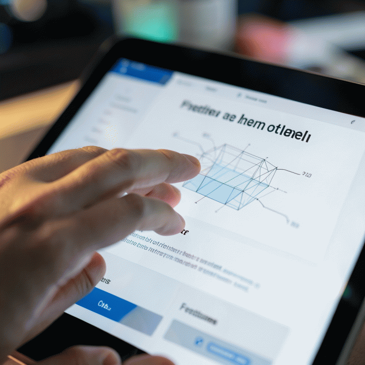 Tangan yang berinteraksi dengan tablet, menunjukkan proses perancangan alur (flow) landing page secara cepat dan intuitif menggunakan bantuan AI.