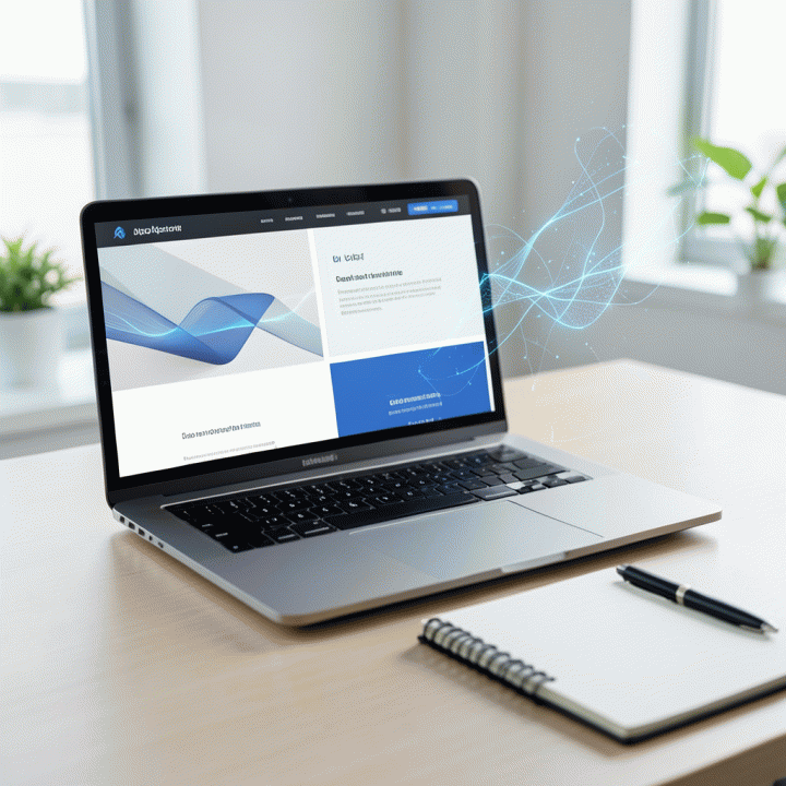 Tampilan laptop dengan antarmuka builder landing page modern yang menunjukkan desain konversi tinggi, dikelilingi oleh suasana kerja profesional dan efisien.