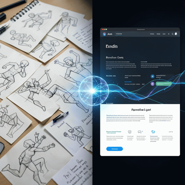 Perbandingan visual antara proses desain manual yang rumit dengan hasil landing page konversi tinggi yang dihasilkan secara instan dan rapi oleh AI.