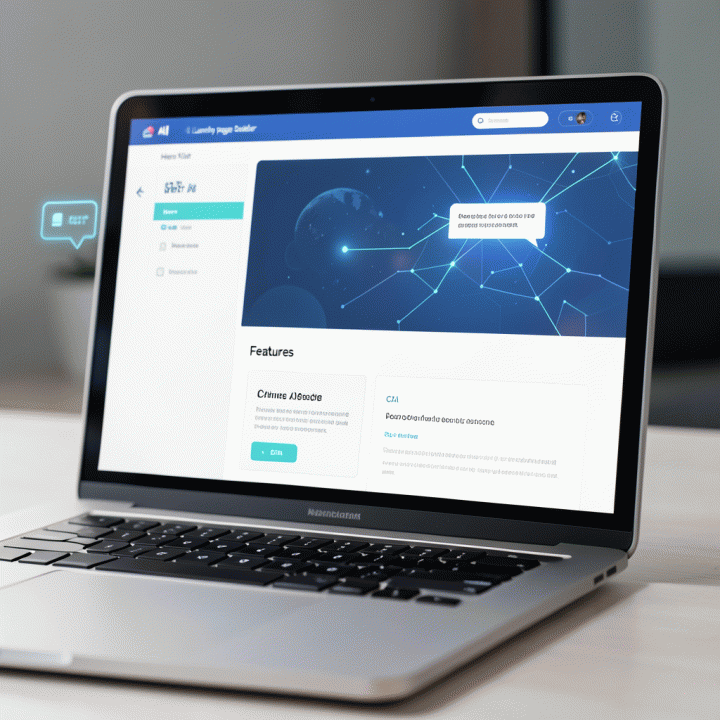 Tampilan layar laptop yang menunjukkan antarmuka AI landing page builder yang mudah digunakan, menekankan kecepatan dan otomatisasi desain.